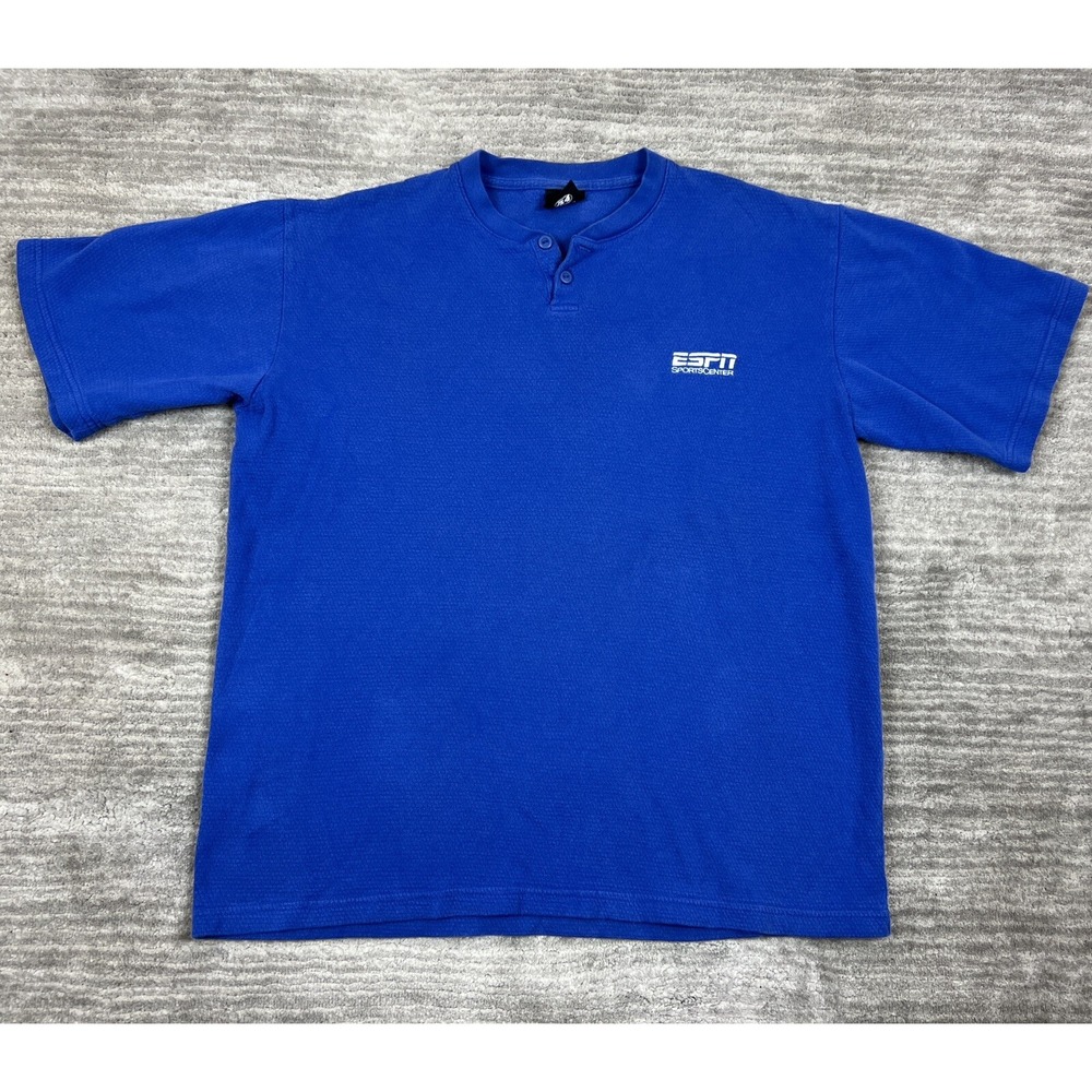 A4 ESPN SportsCenter Henley Mens Large Blue Short Sleeve Waffle Knit Vintage Tee